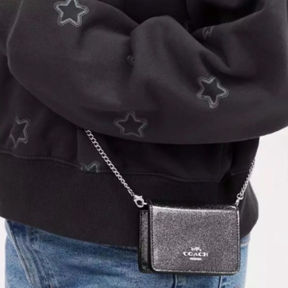 Coach Black Glitter Leather Mini Chain Crossbody / Card Holder | Authentic